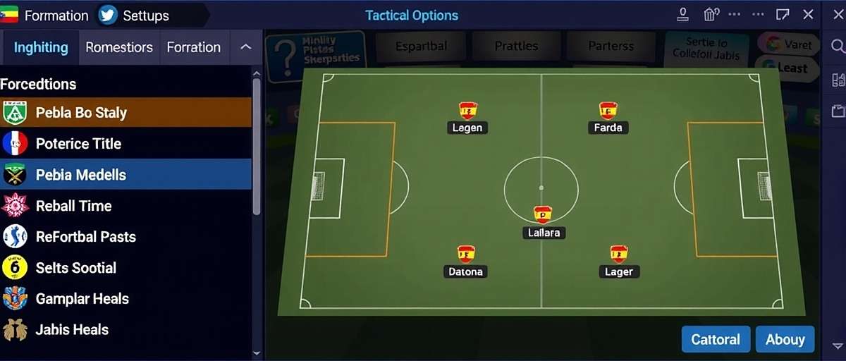 Tactical Setup in Goa Football Legend Tactical setup screen in Goa Football Legend showing formation options and player positions